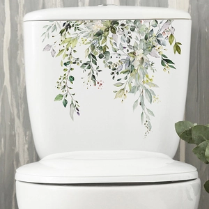 Tropical Green Plant Leaves Toilet Stickers Self Adhesive PVC Watercolor Eucalyptus Flower Bathroom Wall Decal Home Decor