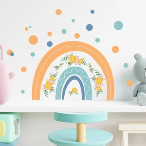 Bohemian rainbow wall decal with orange and blue floral stickers for kids room nursery