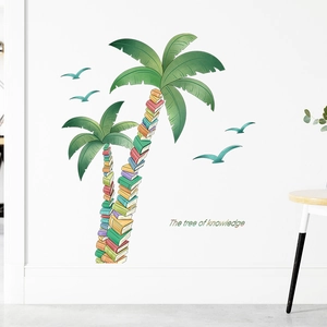 Creative coconut tree wall decal made of colorful stacked books with The Tree of Knowledge text