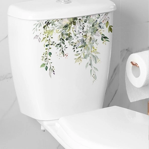 Detail of tropical green leaf and white flower waterproof self-adhesive toilet wall sticker