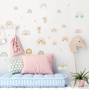 Rainbow animal wall stickers for kids room featuring cartoon lion and giraffe decals