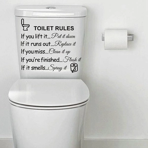 Self-adhesive Toilet Rules wall decal with black lettering and icons for bathroom decor