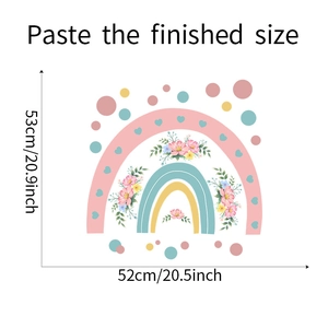 Detailed dimensions of the rainbow and flower wall sticker measuring 53cm by 52cm