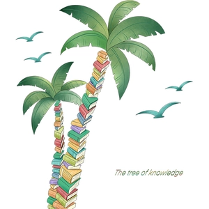 Creative hand-drawn knowledge tree wall sticker featuring stacked books and palm trees