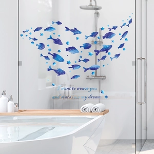 Adesivi murali pesci blu sfumato stellato per decorazione porta doccia in vetro