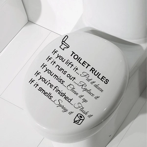 TOILET RULES wall sticker with funny quotes and icons on a white toilet lid