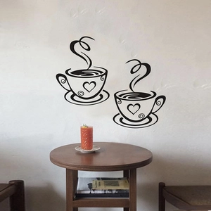 Creative black coffee cup wall stickers with heart steam for kitchen home decor