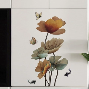 3D Lotus and Carp Zen wall sticker with flowers and butterflies for living room