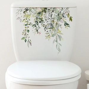 Detailed watercolor tropical green leaves and yellow flowers self-adhesive toilet sticker decor