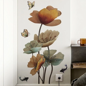 Artistic lotus and goldfish wall decals for home living room and bedroom decor