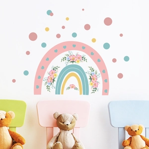 Cartoon pastel rainbow wall stickers with flowers for kid's room nursery wall decor