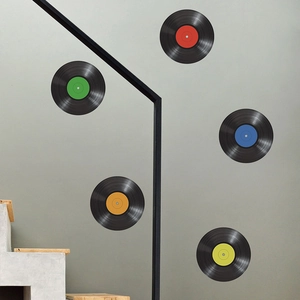 Retro vinyl record wall stickers set with multi-colored labels for home decor