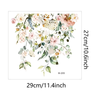 Detail view showing dimensions of watercolor floral wall sticker with pink flowers and leaves