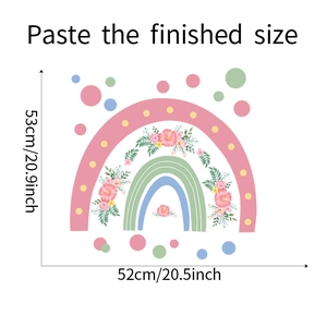 Detailed size specifications for cartoon rainbow and floral self-adhesive wall stickers