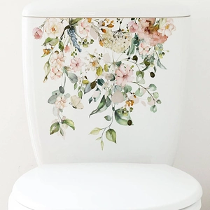 Tropical floral wall sticker with watercolor leaves and butterfly on white toilet tank