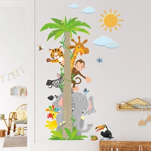 Cartoon tropical jungle animals and palm tree wall decal for children bedroom decoration
