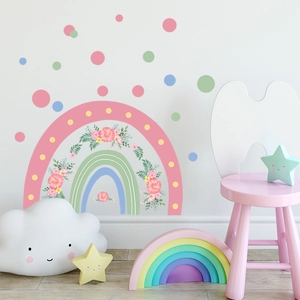 Pastel rainbow and floral wall stickers for kids nursery in soft pink and mint green