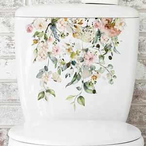 Watercolor tropical floral wall stickers with pink flowers and green leaves for bathroom