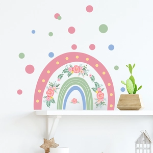 Pastel rainbow and watercolor flower wall stickers for kids nursery bedroom decoration