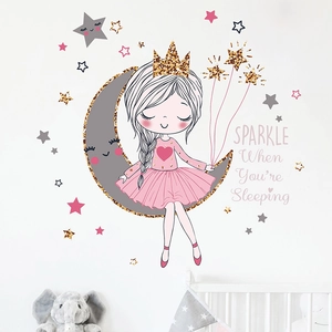 Sticker Mural Dessin Animé Fille Lune Étoiles pour Chambre d'Enfant Bébé Chambre PVC Décoratif Autocollant Scintillant