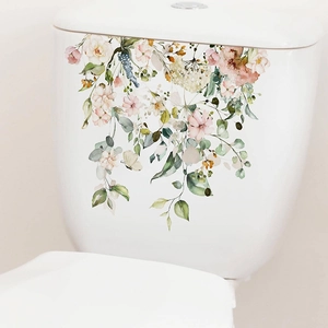 Tropical watercolor floral wall decal for bathroom toilet lid decoration with green leaves