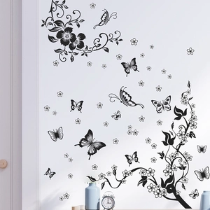 Creative black butterfly and floral vine wall stickers for home living room decor
