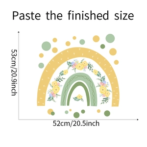 Detail view of cartoon rainbow wall sticker with yellow flowers and size dimensions