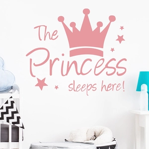 Sticker Mural en PVC The Princess Sleeps Here Couronne Étoiles Décalcomanie Imperméable Décorative pour Chambre de Filles Moderne