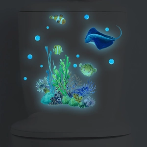 Sticker de Toilette Monde Sous-Marin Lumineux dans le Noir Poissons de l'Océan Corail PVC Autocollant Mural pour Salle de Bain