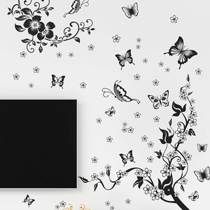 Classic black floral vine and butterfly self-adhesive wall stickers for home decoration