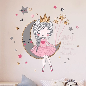 Stickers muraux fille sur la lune avec étoiles pailletées pour chambre d'enfant