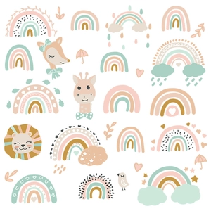 Cartoon rainbow and animal wall stickers in Nordic macaron tones for kids room