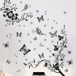 Classic black flower vine and butterfly wall stickers for minimalist home wall decoration
