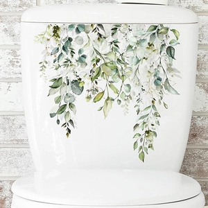 Watercolor tropical eucalyptus leaves wall decal on white toilet tank background