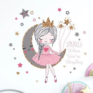 Sticker mural fille sur lune avec étoiles et texte Sparkle pour chambre d'enfant
