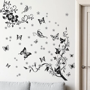 Elegant black floral vine and butterfly wall stickers for home living room decor
