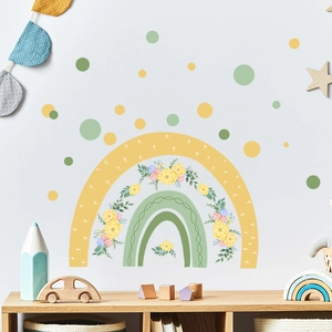 Boho rainbow wall decal with yellow flowers and green dots for nursery decor