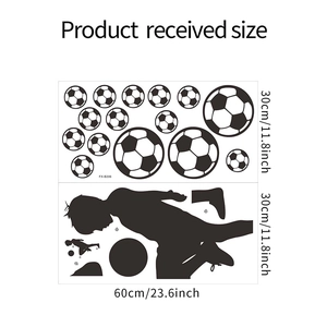 Detailed sheet layout of soccer wall stickers showing boy silhouette and ball dimensions