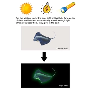 Sticker mural raie lumineuse montrant le design de jour et l'effet brillant la nuit