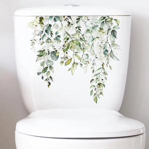 Self-adhesive tropical green eucalyptus leaf stickers for bathroom toilet decor