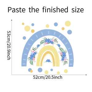 Size chart for blue and yellow rainbow flower wall decal showing dimensions 53x52cm
