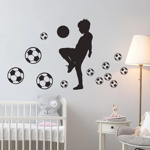 Soccer wall sticker featuring boy silhouette and footballs for kids bedroom decor