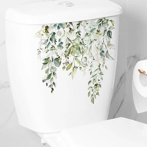 Waterproof tropical green leaf toilet stickers with watercolor eucalyptus for bathroom decor