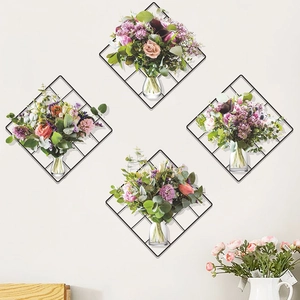 Set of 4 diamond metal grid wall planters with glass vases and realistic silk flowers