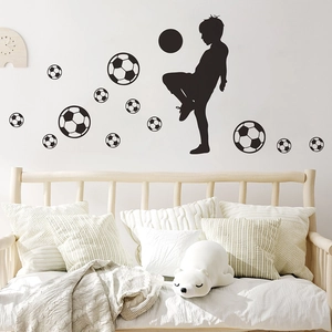 Boy soccer silhouette wall decal with football patterns for children bedroom decoration