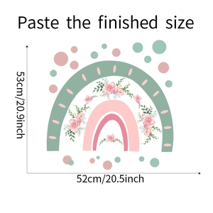 Guide des dimensions du sticker mural avec arc-en-ciel, roses roses et pois