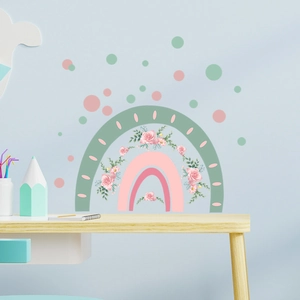 Stickers muraux arc-en-ciel et fleurs roses avec pois pour déco chambre enfant