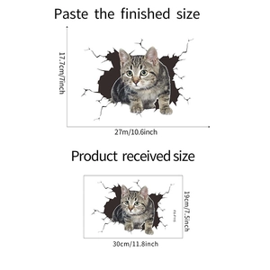 Detail view of 3D cat wall sticker showing applied size and original sheet dimensions