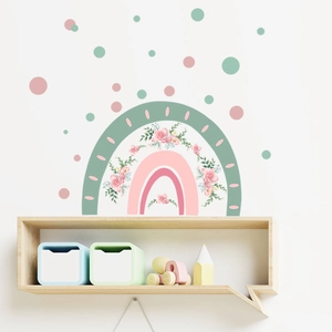 Stickers muraux arc-en-ciel dessin animé avec fleurs roses et vertes pour déco chaleureuse
