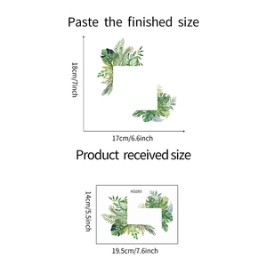 Detailed size specifications for tropical green leaf wall decals showing layout and dimensions
